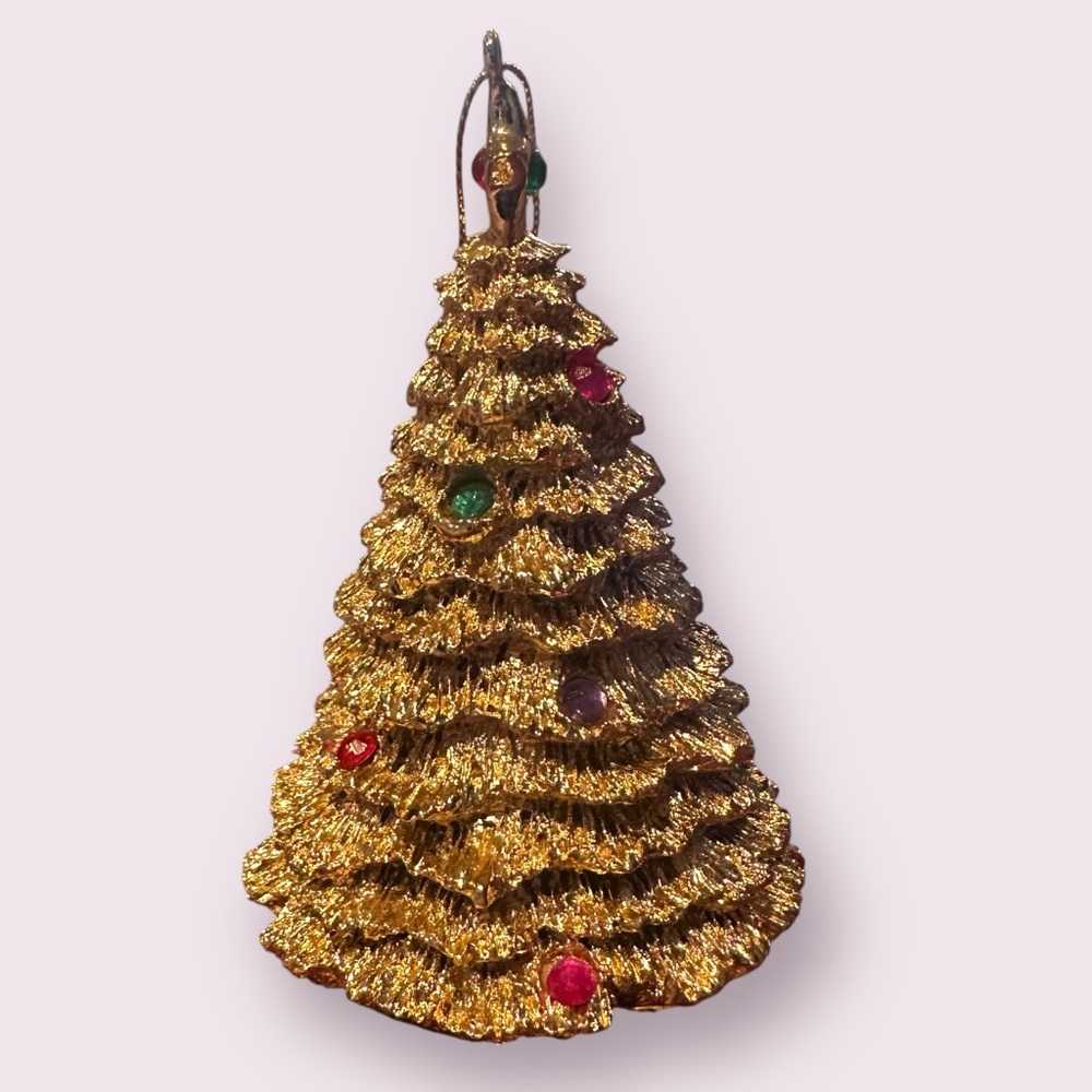 Avon 1996 Gold Tone Textured Christmas Tree Ornament With Rhinestone Accents - Picture 2 of 9